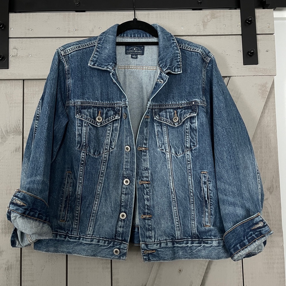 Lucky Brand Tomboy Trucker Jean Jacket with heart, Size L